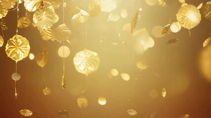 Wall Mural - Golden Leaf Celebration: Shimmering gold leaves and confetti dance in a warm, celebratory light, creating a luxurious and festive atmosphere. Perfect for events, holidays, or luxury branding. 