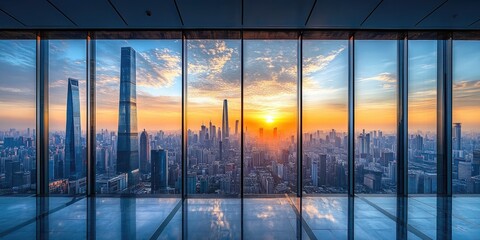 Empty modern office interior reflecting sunrise over shanghai skyline