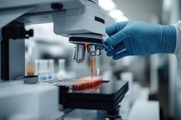 Scientist using microscope analyzing test samples in a modern laboratory