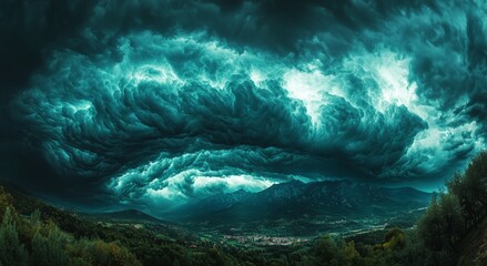 Wall Mural - storm clouds gathering over a mountain range, the atmosphere charged with electricity and energy