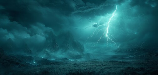 Wall Mural - stormy environment with powerful lightning illuminating the night sky, the landscape bathed in elect