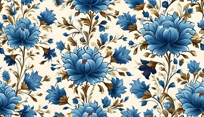 Vintage-inspired seamless indigo floral pattern on white with Moroccan and Turkish design elements for elegant wallpaper decor