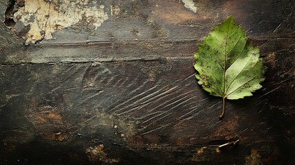 Wall Mural - An old table with a textured surface, featuring a leaf placed on top. 