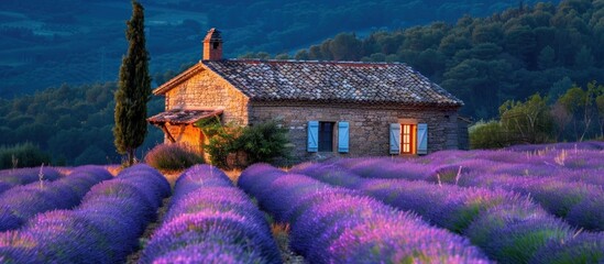 Stone Cottage in Lavender Field