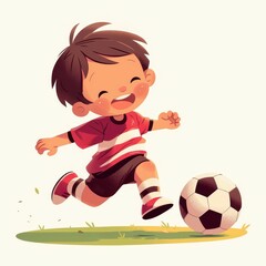 Illustration of a young boy in a red soccer shirt, smiling widely while running and playing with a soccer ball, showing excitement and fun.