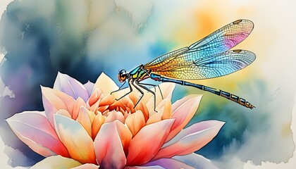 Wall Mural - Delicate dragonfly resting on a vibrant flower, showcasing the iridescent beauty of its wings in an enchanting watercolor painting