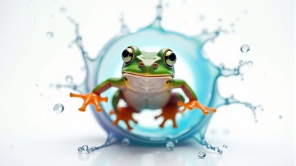 a frog sits on a blue water droplet.