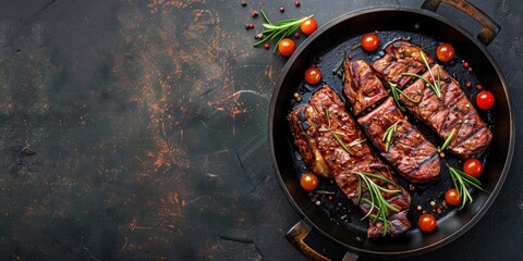 Bird's-eye view of a spiced marbled beef striploin steak cooked in a pan, with plenty of room for text.