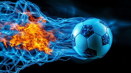 A soccer ball surrounded by fire and smoke.