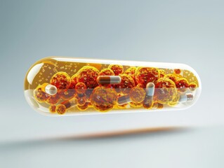 a close-up view of a transparent capsule filled with orange microorganisms, illustrating the wonders