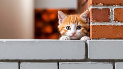 Wall Mural - a small orange and white kitten looking out of a brick wall.