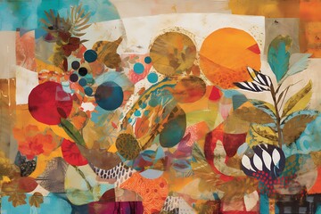 Wall Mural - Vibrant abstract composition featuring colorful flora and sun motifs.