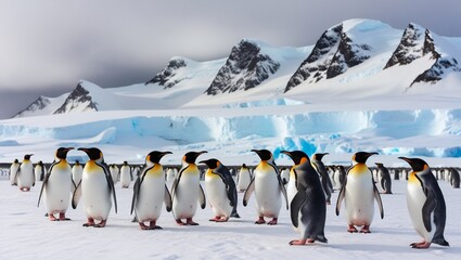 Wall Mural - a group of penguins stand in front of a mountain.