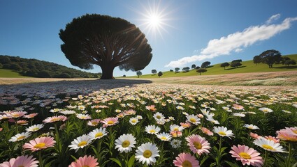 Wall Mural - a field of daisies with a tree in the background.