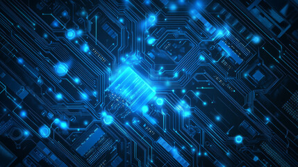 Concept of quantum computer technologies with a futuristic blue circuit board background.Features modern technology circuit board texture and wave flow elements, depicting quantum explosion technology