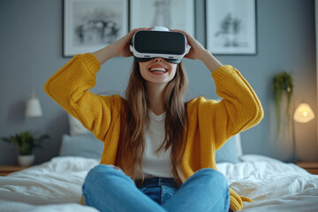 Wall Mural - Young women watching VR movies and TV shows indoors