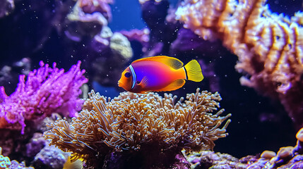 Wall Mural - Colorful fish swimming among coral reefs.