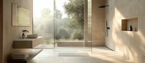 Canvas Print - Minimalist Bathroom with Natural Light and Garden View