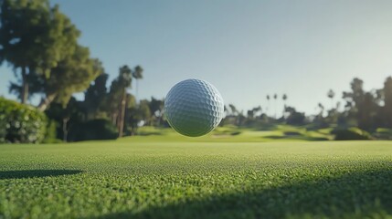 Canvas Print - A golf ball in mid-air above a green golf course.