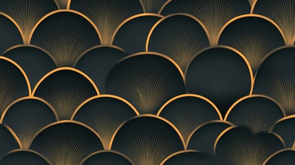 Elegant black and gold art deco seamless pattern with fan shapes, perfect for luxury designs, backgrounds, and wallpapers.