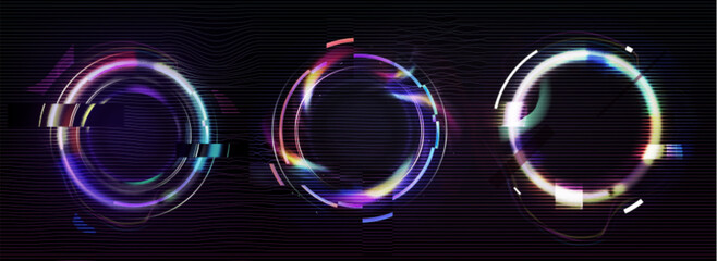 Wall Mural - circle frame with glitch and neon glow effect. digital round geometric light border with vintage vhs