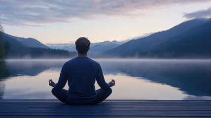 man meditating in lotus pose by a serene lake with mountain view in morning light