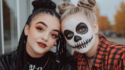 Headshot of two young girls dressed up for a halloween party