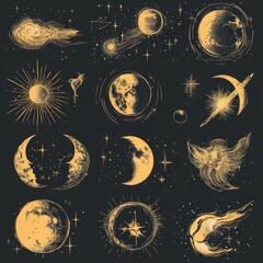 Celestial Gold Moon Phases and Stars Hand Drawn Vector Illustration