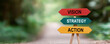 © Apaporn - A conceptual image of a path with signposts labeled Vision, Strategy, and Action, representing the stages of a strategic planning framework