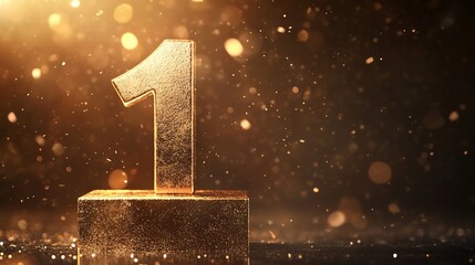 a golden number one stands on a golden pedestal against a black background.