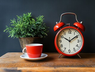 Close-up of a red alarm clock, coffee cup, and a potted plant on a wooden table against a dark background.