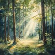 © A4719 - Watercolor Painting of a Forest Path with Sunlight Streaming Through the Trees