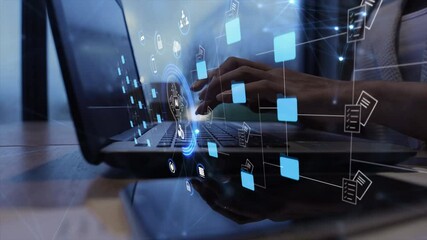 Wall Mural - ai futuristic holographic interface of a file manager, folder structure with documents and data scan