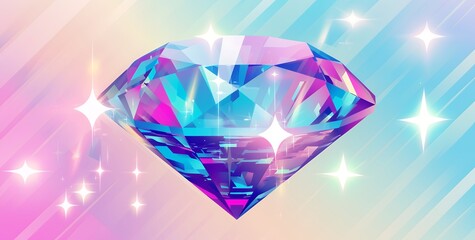 A sparkling blue diamond sits on a pink and blue background.