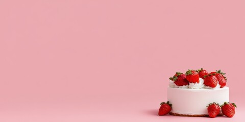 A delightful strawberry cake topped with fresh strawberries and cream displayed on a pink background, perfect for showcasing desserts and baked goodies in a vibrant setting.