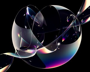 Wall Mural - Abstract iridescent spheres swirl against a black background, creating a dynamic and colorful visual.