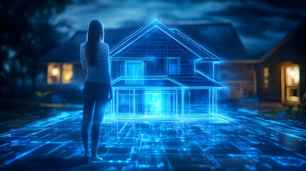 Wall Mural - Woman Standing in Front of a Hologram House with Blue Lines