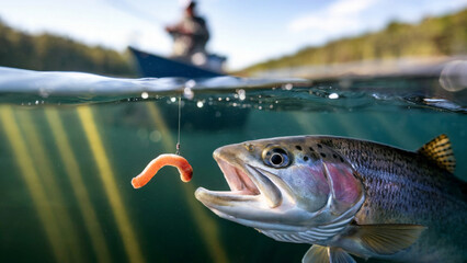 Wall Mural - Underwater view of trout chasing lure. Nature scene in clear river. Fishing adventure. Outdoor recreational activity. Perfect for enthusiasts, magazines, posters with copy space.