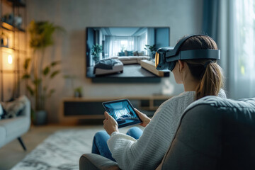 Young women watching VR movies and TV shows indoors