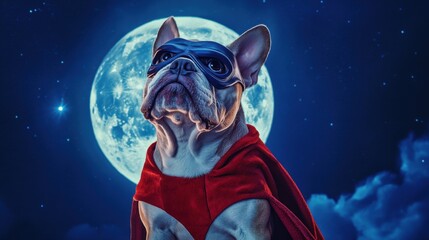 A dog is wearing a red cape and a blue mask