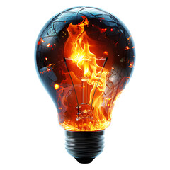 Electrical light bulb with fire flames at night time isolated on cut out PNG or transparent background. Idea on topic of electricity of alternative solar energy. Idea and imagination concept. 