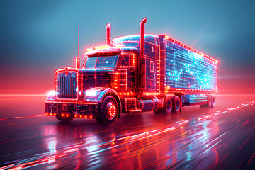 Holographic of digital red driving truck display road at night background. Futuristic Technology of Autonomous truck with Cargo Trailer. Global logistics business import export transportation