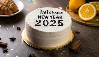 Wall Mural - Write Welcome happy new year 2025 on cake 