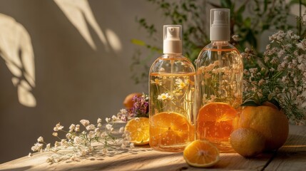 Wall Mural - Two bottles of liquid sitting on top of a wooden table