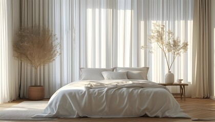 Wall Mural - Tranquil minimalist bedroom bathed in warm sunlight, featuring a large window with white curtains and a bed adorned with soft white linens