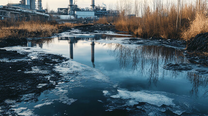 An image of industrial pollution affecting a river with discolored water and environmental damage.