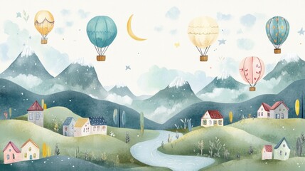 Poster - Hot Air Balloons Over Hills.