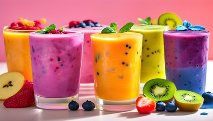 Wall Mural - Vibrant Rainbow Smoothies Collection Showcasing Refreshing Flavors and Fresh Fruits with Splash of Water for a Healthy Drink Experience