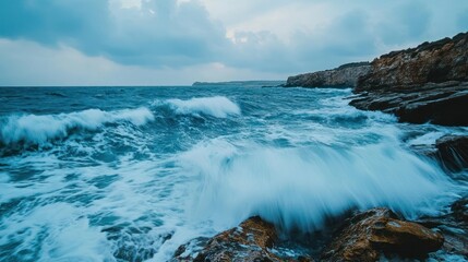 Wall Mural - Ocean Waves Crashing on Rocky Shore