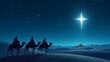 © Marco Mamdouh - Wise Men Following the Star, Three wise men riding camels in the desert, following a bright star. Silhouette illustration.